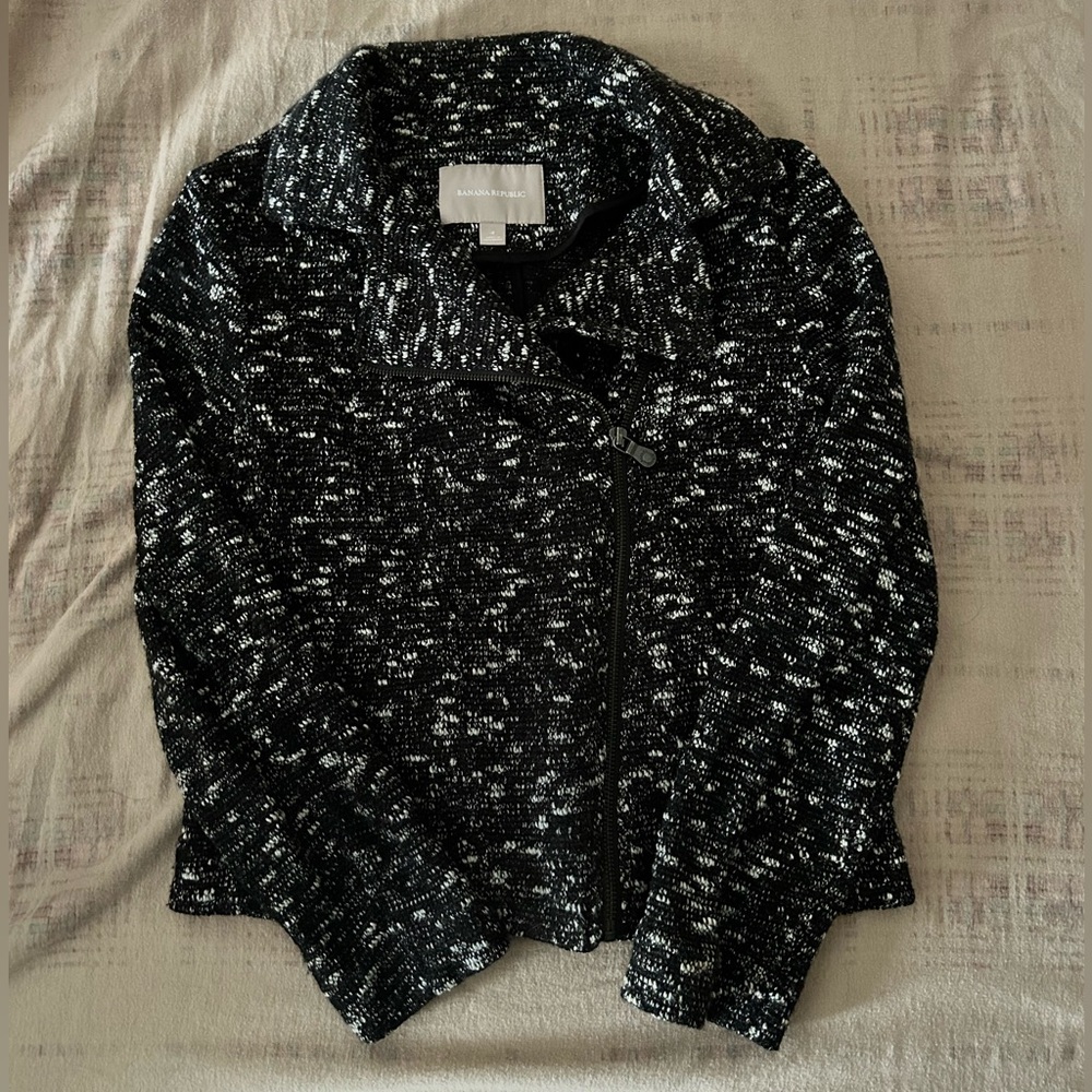 Banana Republic Navy and White Tweed Moto Jacket